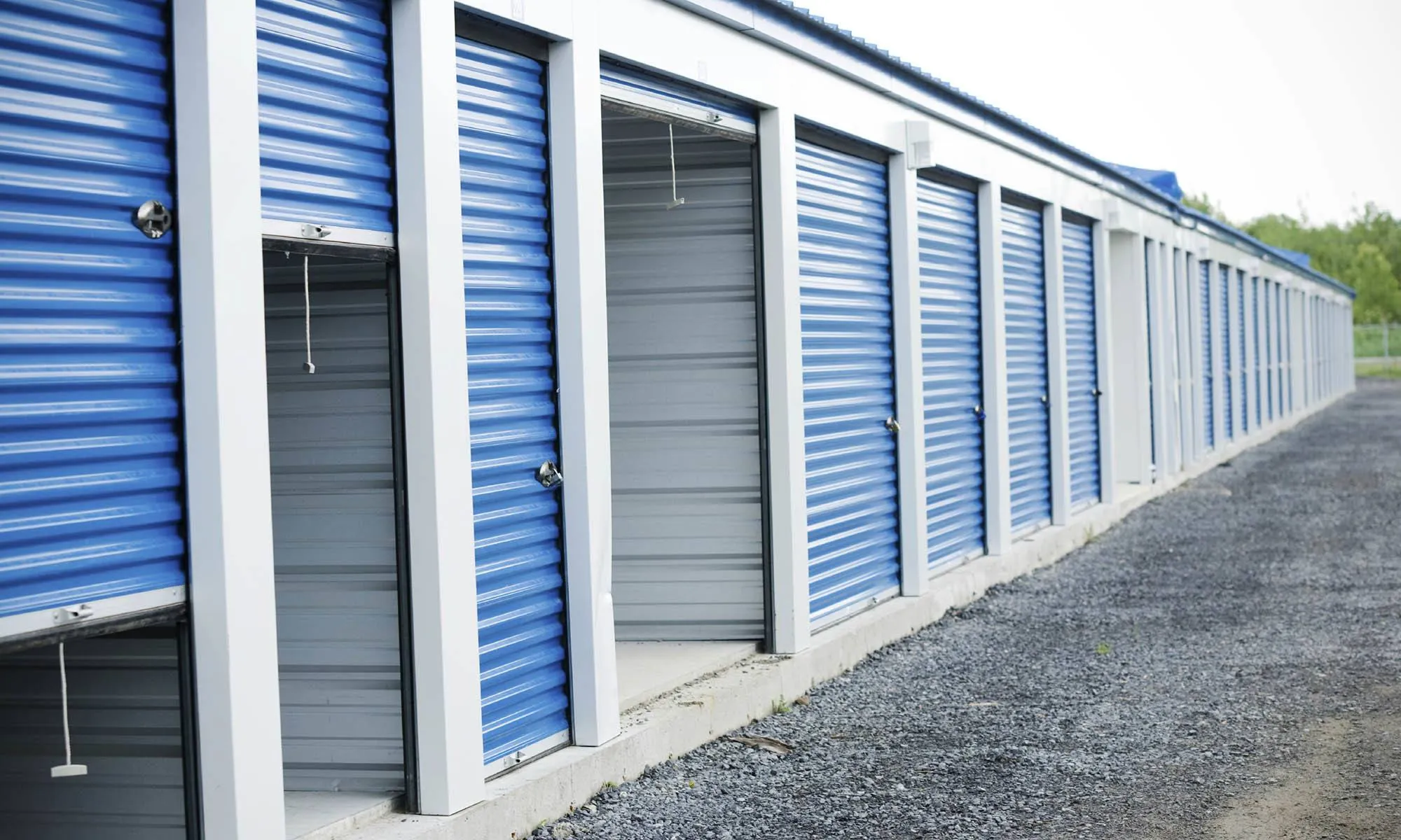 Rows of drive up self storage units